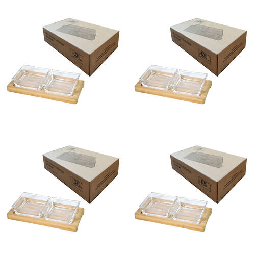4x 2pc NF Living Glass Serving Set Square Bowls Bamboo Tray 20x10cm Solid Clear