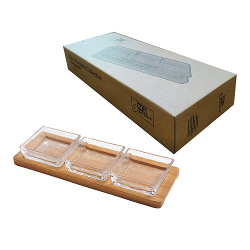 3pc NF Living Glass Serving Set Square Bowls Bamboo Tray 30x11cm Solid Clear