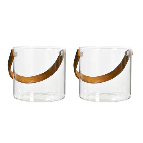2PK NF Living Glass & Bamboo Ice Bucket Handles 13.5x11.8cm Clear