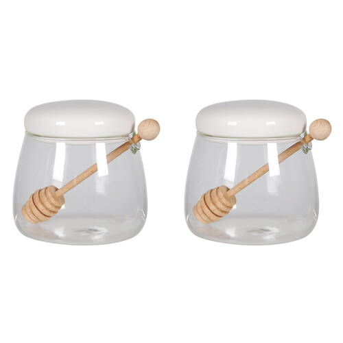 2PK NF Living Honey Jar 350ml 9x9cm Glass Ceramic Kitchen Organisers White