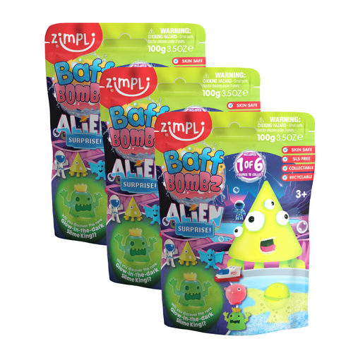 3PK Zimpli Kids Baff Bombz Alien Surprise Fizzy Bath Bombs
