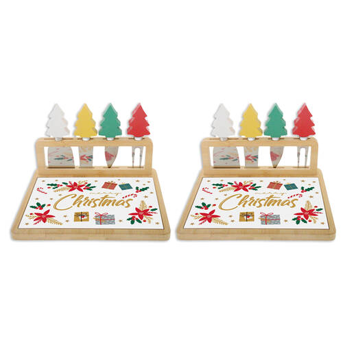 2PK Gibson Gifts Christmas Themed Cheese Board w/ Four Knife Set 200x220x145mm