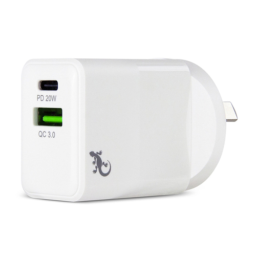 Gecko 20W PD Dual USB-C & QC3.0A Wall Charger White