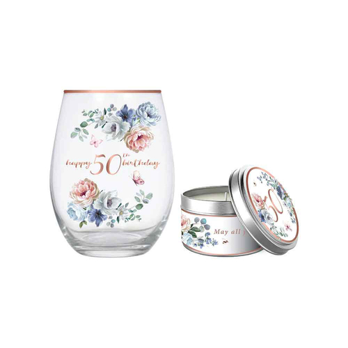 2pc Stemless 520ml Glass & Candle 50th Birthday Gift Set