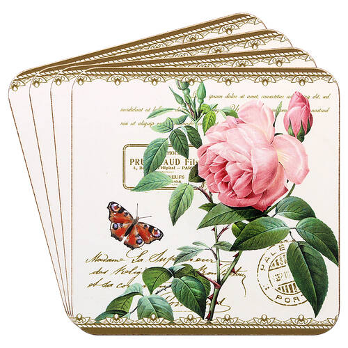 4pc Gibson Gifts Redoute Rose Square Coasters Tableware Set