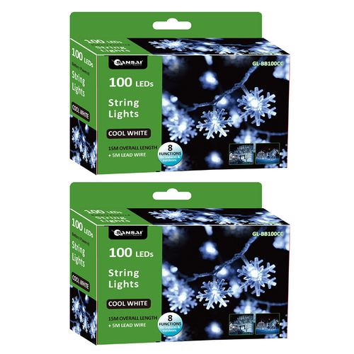 2PK Sansai 100 LED Snowflake String Lights - Cool White