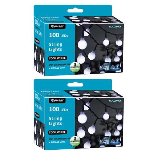 2PK Sansai 100 LED Globe String Lights - Cool White