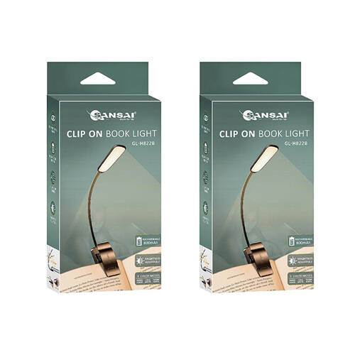 2PK Sansai Rechargable Clip on LED Book Light Adjustable Brightness/Colour Black