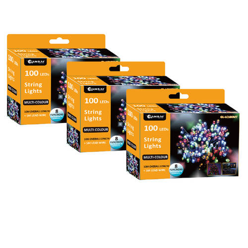 3PK Sansai AC Powered 100 LED 10m Party Lights - Multi Colour
