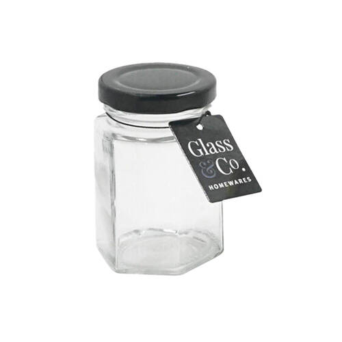 36PK Glass & Co 100ml Cleo Mini Hex Glass Jar Assorted - Black/Gold/White