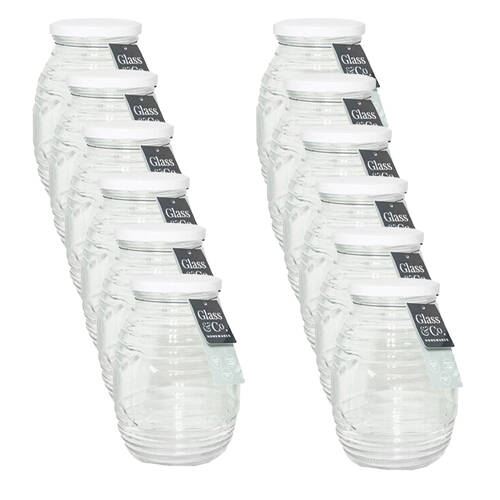 12PK Glass & Co Cleo Ribbed Large Round Screw Lid Jar 750ml Clear Assorted