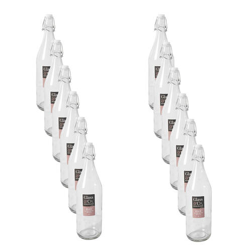 12PK Glass & Co Elle Tall Leak-Proof Clip Lid Round Water Bottle 1L Clear