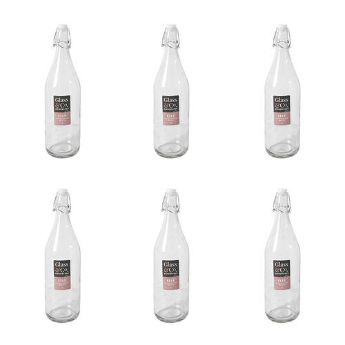 6PK Glass & Co Elle Tall Leak-Proof Clip Lid Round Water Bottle 1L Clear