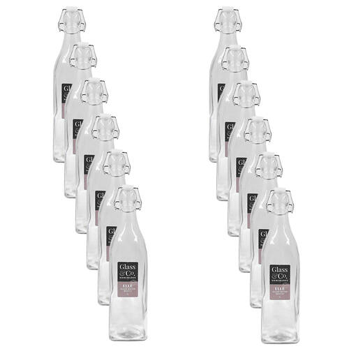 12PK Glass & Co Elle Tall Leak-Proof Clip Lid Square Water Bottle 1L Clear