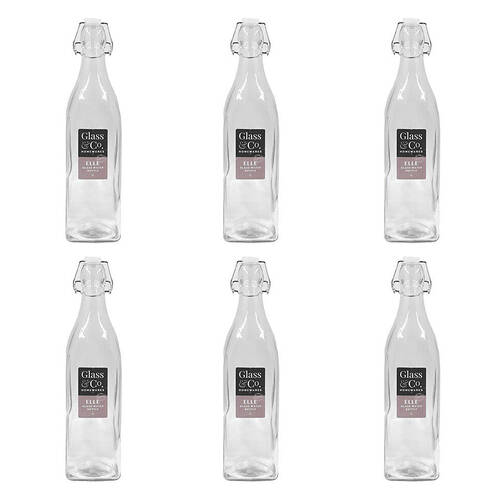 6PK Glass & Co Elle Tall Leak-Proof Clip Lid Square Water Bottle 1L Clear