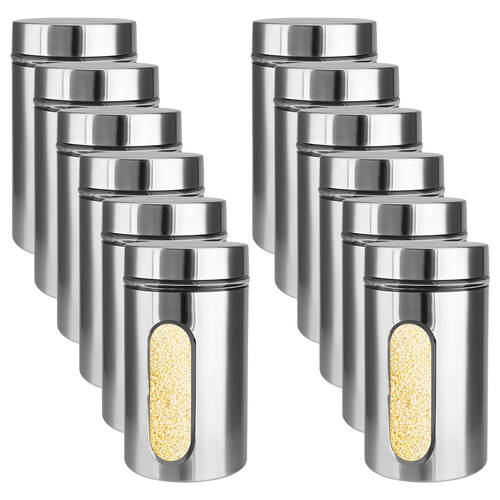 12PK Glass & Co Large Stainless Steel Window Canister Jar 1000ml Assorted