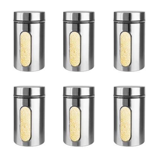 6PK Glass & Co Large Stainless Steel Window Canister Jar 1000ml Assorted