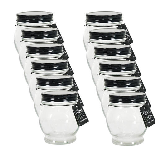 12PK Glass & Co Olivia Round Black Metal Lid Bottle Storage Jar 270ml Clear