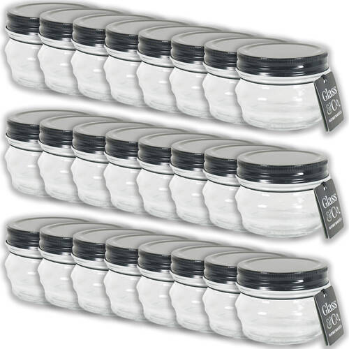 24PK Glass & Co Olivia Round Black Metal Lid Storage Jar 120ml Clear