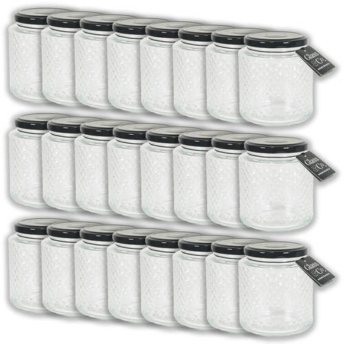 24PK Glass & Co Cleo Quilted Black Metal Lid Storage Jar 350ml Clear