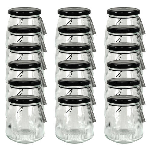 18PK Glass & Co Cleo Taper Ribbed Black Metal Lid Storage Jar 350ml Clear