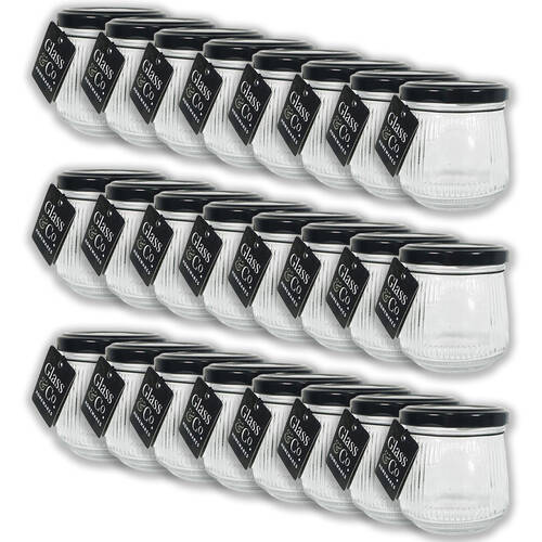 24PK Glass & Co Cleo Taper Ribbed Black Metal Lid Storage Jar 140ml Clear