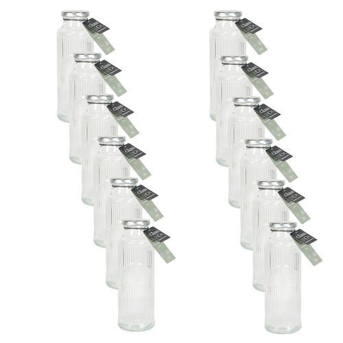 12PK Glass & Co Cleo Round Ribbed Silver Metal Lid Water Bottle 500ml Clear