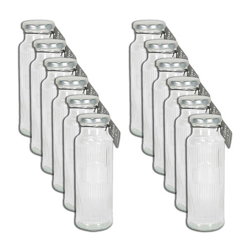 12PK Glass & Co Cleo Round Ribbed Silver Metal Lid Water Bottle 350ml Clear