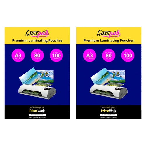 2PK 100pc Gusspak Laminating Pouches A3 80 Micron Gloss