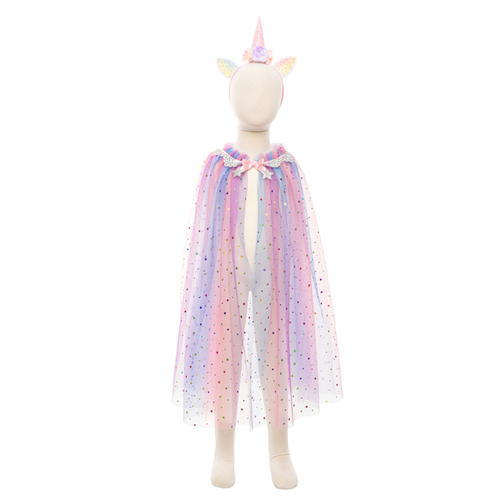 2pc Great Pretenders Sz 4-6 Rainbow Unicorn Cape/Headband Kids 3y+