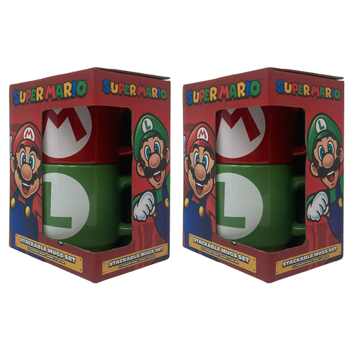 2x 2pc Super Mario Bros Stackable Mug Set -  Mario Luigi Initial