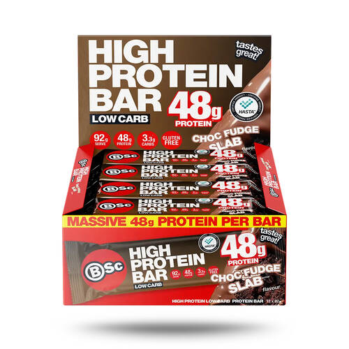12PK BSc 48g High Protein Low Carb Bar 92g Serve Chocolate Fudge Slab