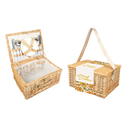 Good Vibes 40x30cm Picnic Basket Willow Floral - Brown