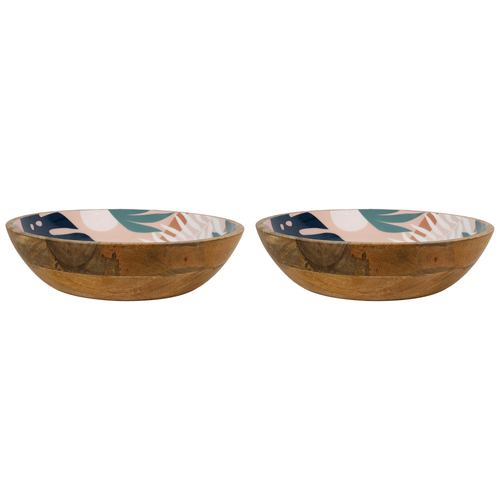 2PK Good Vibes Round Salad Bowl Wood Enamel Blush Palm 31.5cm Diameterx 8cm