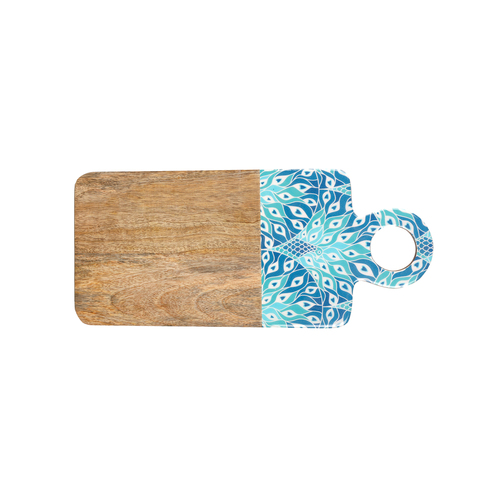 Good Vibes Serving Dish Board Wood Enamel Peacock Paradise Print 46x20cm