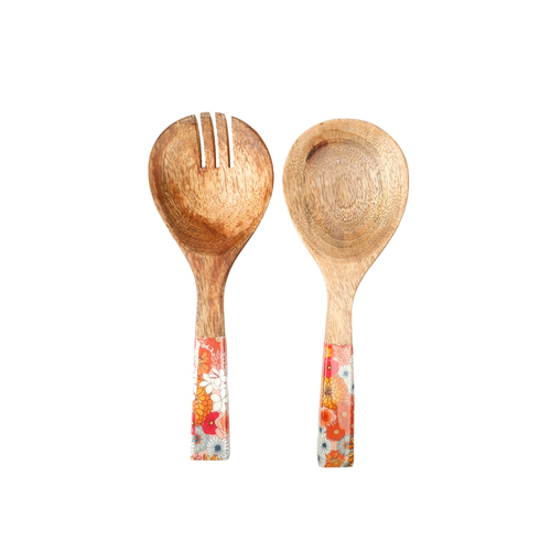 2pc Good Vibes Salad Servers Wood Enamel Detail Retro Summer 24.5cm