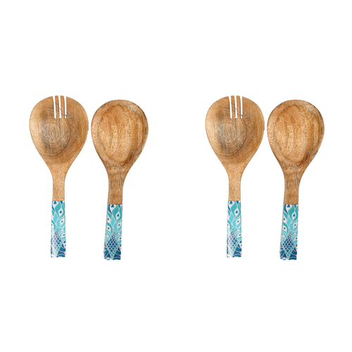 2x 2pc Good Vibes Salad Servers Wood Enamel Detail Peacock Paradise 24.5cm