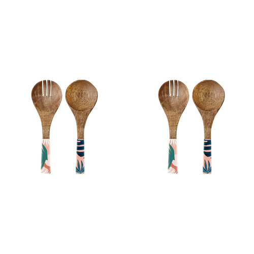 2x 2pc Good Vibes Salad Servers Wood Enamel Detail Blush Palm 24.5cm