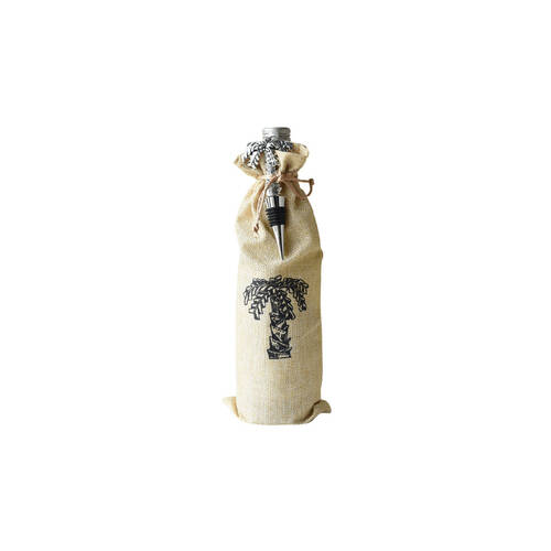 2pc Darlin Palm Tree Wine Bottle Burlap Bag & Silver Alloy Stopper 31x13cm