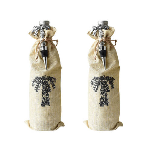 2x2pc Darlin Palm Tree Wine Bottle Burlap Bag & Silver Alloy Stopper 31x13cm
