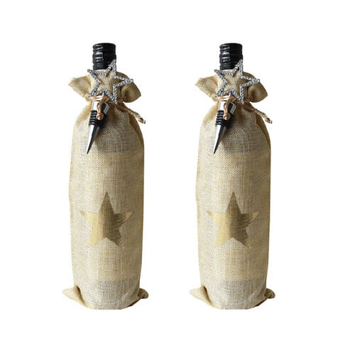 2x2pc Darlin Gold Star Wine Bottle Burlap Bag & Silver Alloy Stopper 31x13cm