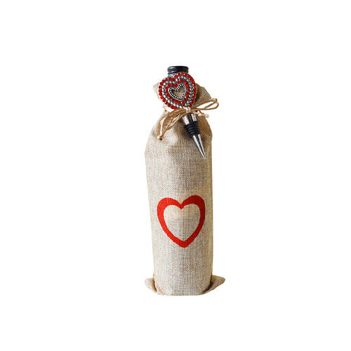 2pc Darlin Red Heart Wine Bottle Burlap Bag & Silver Alloy Stopper 31x13cm