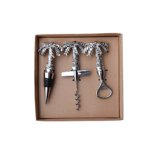 3pc Darlin Palm Tree Wine Stopper Corkscrew & Bottle Opener Gift Set Silver
