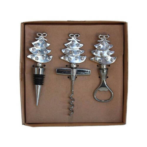 3pc Darlin Xmas Tree Wine Stopper Corkscrew & Bottle Opener Gift Set Silver