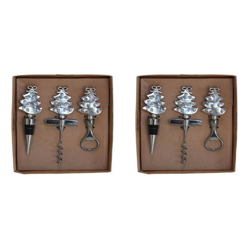 2x3pc Darlin Xmas Tree Wine Stopper Corkscrew & Bottle Opener Gift Set Silver