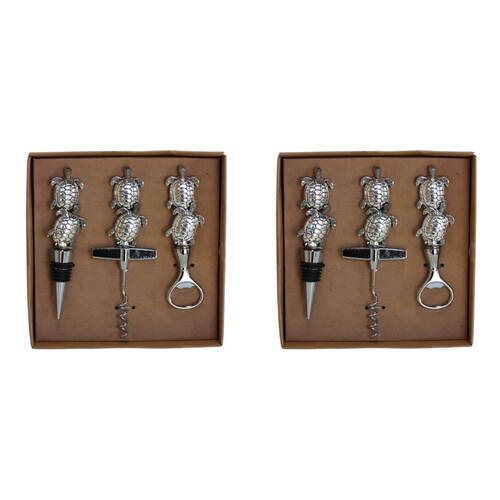 2x3pc Darlin Turtles Wine Stopper Corkscrew & Bottle Opener Gift Set Silver