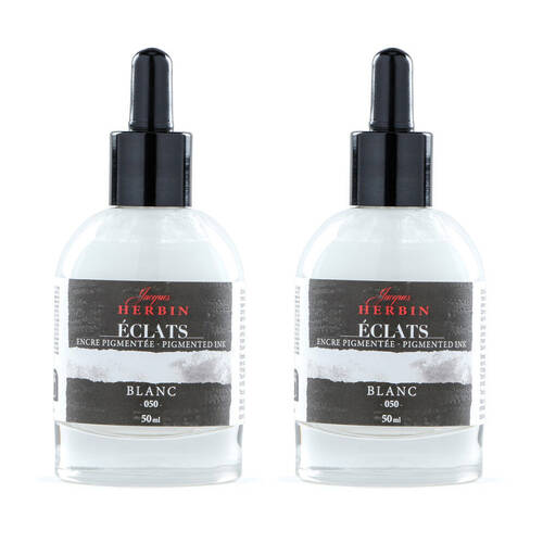 2PK Herbin Eclats Glass Bottle Rich Pigment Writing Ink w/ Dropper 50ml White