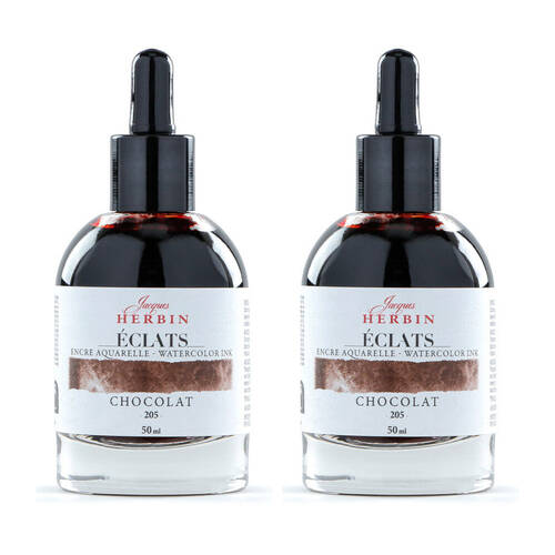 2PK Herbin Eclats Glass Bottle Intense Watercolour Ink w/ Dropper 50ml Chocolate