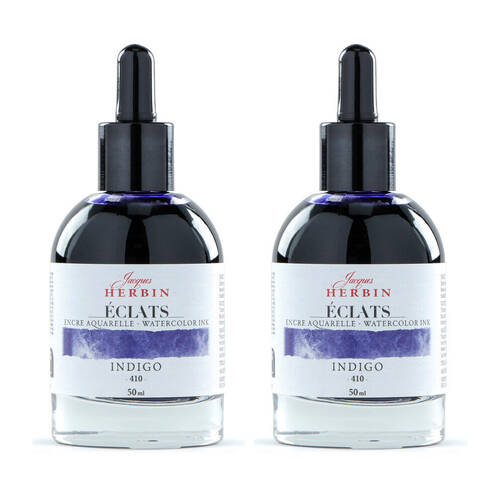 2PK Herbin Eclats Glass Bottle Intense Watercolour Ink w/ Dropper 50ml Indigo