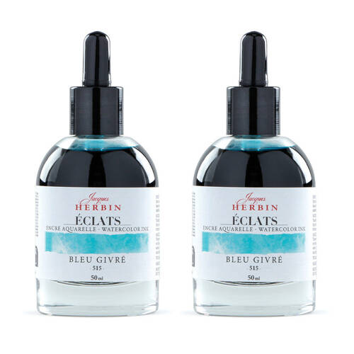 2PK Herbin Eclats Glass Bottle Intense Watercolour Ink w/ Dropper 50ml Ice Blue